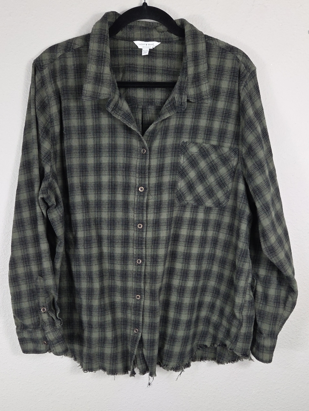 Lucky Brand Women's XL Plaid Button Up Shirt Gray Olive Black Cotton Long Sleeve
